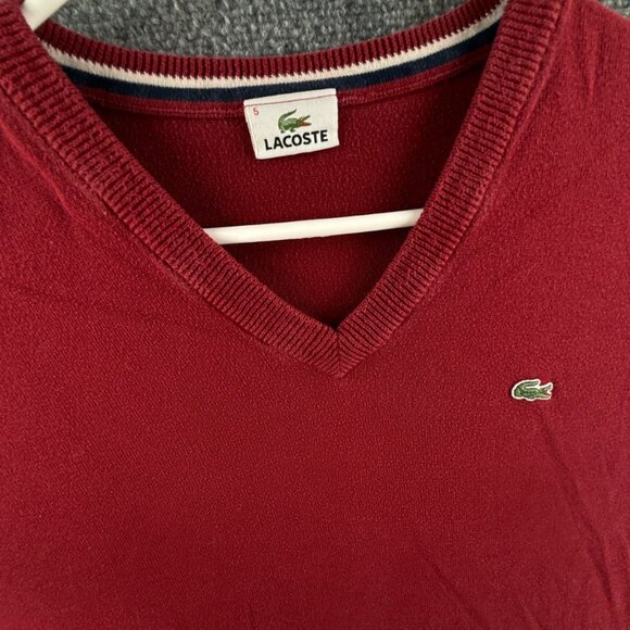 Lacoste Sweater Men Red V Neck Croc Logo Large Pullover Cotton Preppy Tennis - Picture 7 of 12